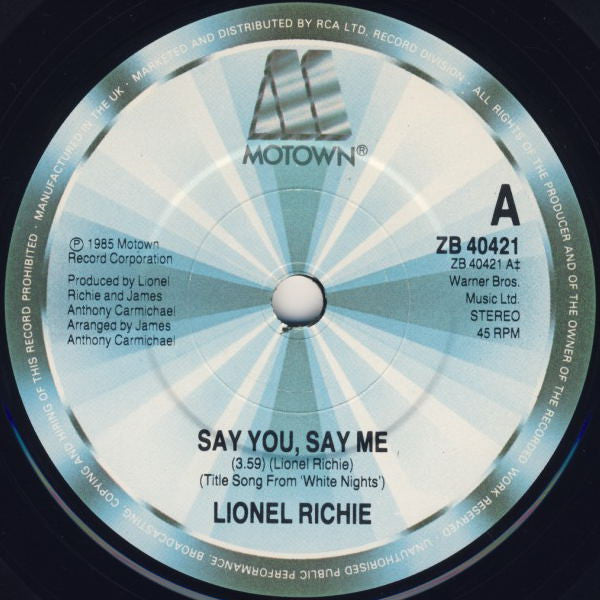 Lionel Richie - Say You, Say Me - Used Vinyl Record 7" image 3