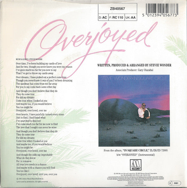 Stevie Wonder - Overjoyed - Used Vinyl Record 7" image 6