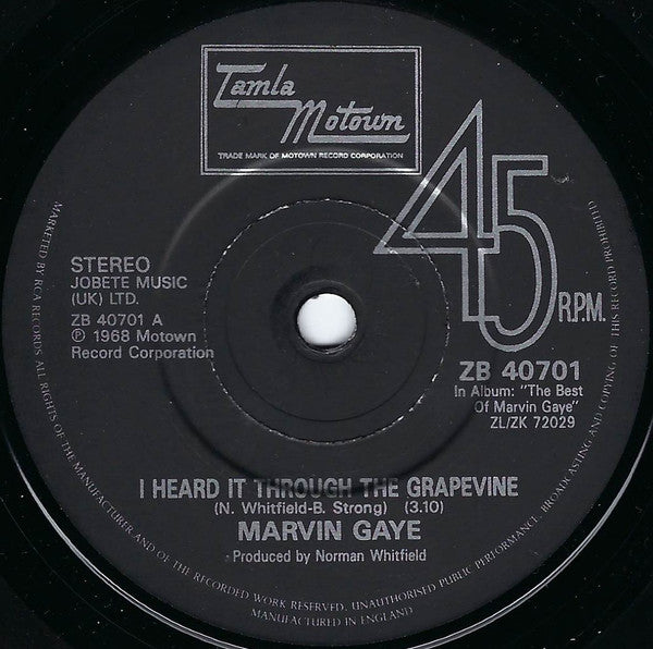 Marvin Gaye - I Heard It Through The Grapevine - Used Vinyl Record 7" image 3
