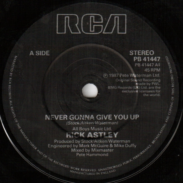 Rick Astley - Never Gonna Give You Up - Used Vinyl Record 7" image 3