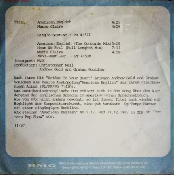 Wax - American English - Used Vinyl Record 7" image 5
