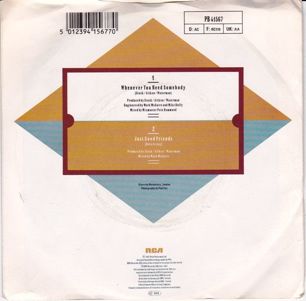Rick Astley - Whenever You Need Somebody - Used Vinyl Record 7" image 2