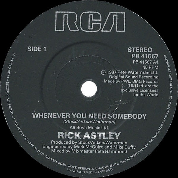 Rick Astley - Whenever You Need Somebody - Used Vinyl Record 7" image 3