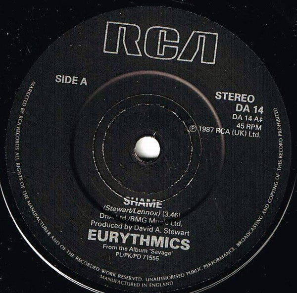 Eurythmics - Shame - Used Vinyl Record 7" image 7