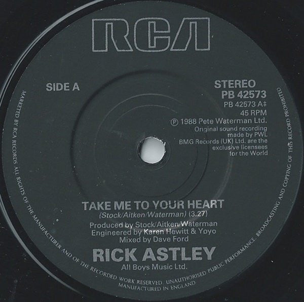 Rick Astley - Take Me To Your Heart - Used Vinyl Record 7" image 3
