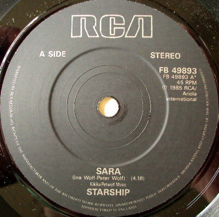 Starship - Sara - Used Vinyl Record 7" image 7