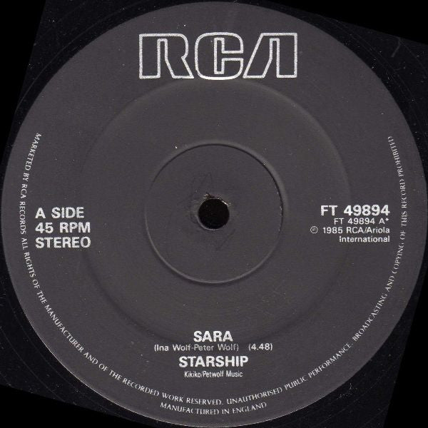 Starship - Sara - Used Vinyl Record 12" image 3