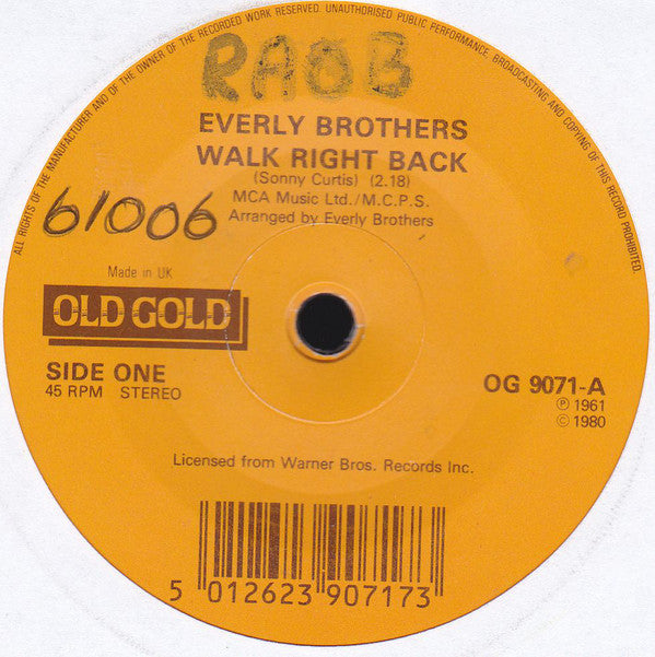 Everly Brothers - Walk Right Back / Ebony Eyes - Used Vinyl Record 7" image 1