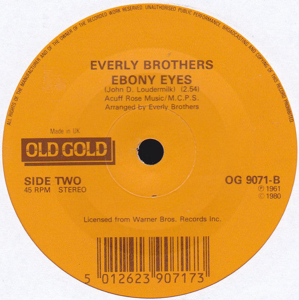 Everly Brothers - Walk Right Back / Ebony Eyes - Used Vinyl Record 7" image 2