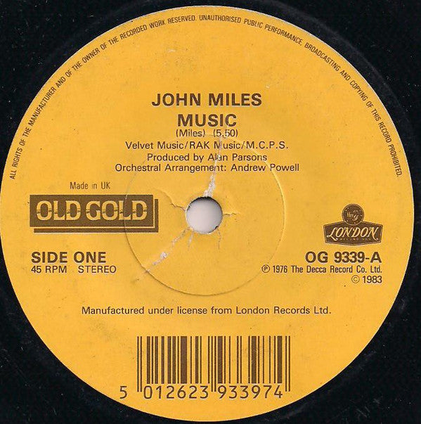 John Miles - Music / Slow Down - Used Vinyl Record 7" image 1