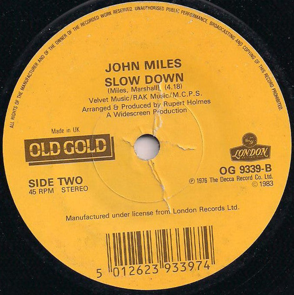 John Miles - Music / Slow Down - Used Vinyl Record 7" image 2