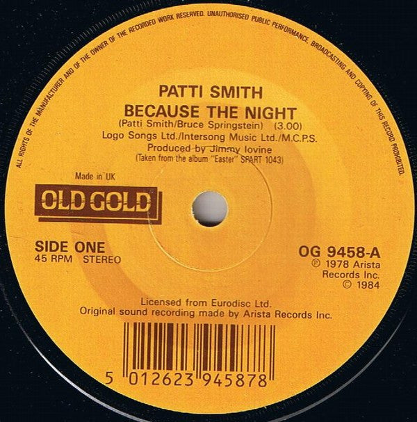 Patti Smith - Because The Night - Used Vinyl Record 7" image 2