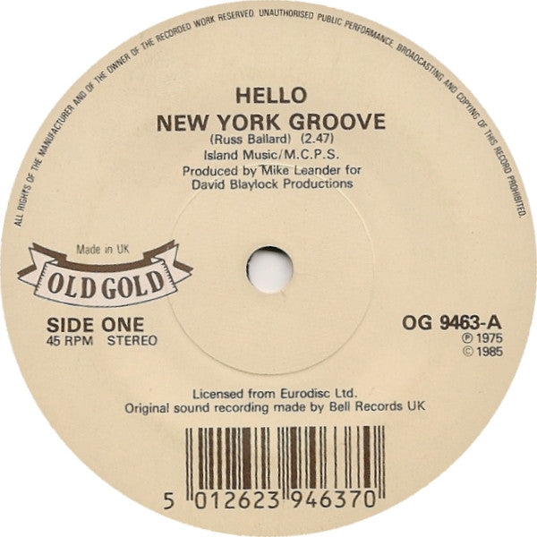 Hello - New York Groove / Tell Him - Used Vinyl Record 7" image 1