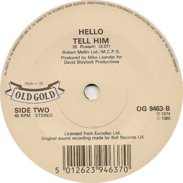 Hello - New York Groove / Tell Him - Used Vinyl Record 7" image 2