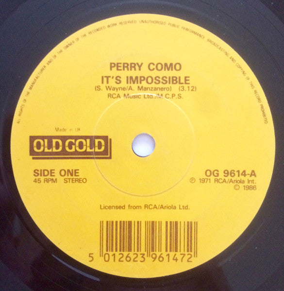 Perry Como - It's Impossible - Used Vinyl Record 7" image 3