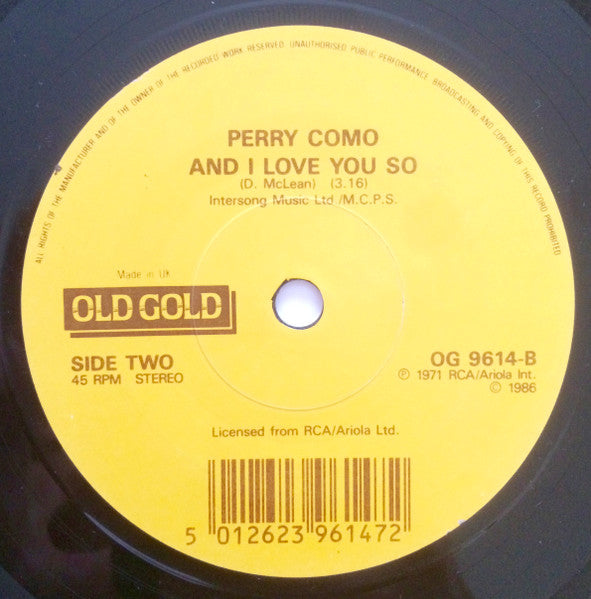 Perry Como - It's Impossible - Used Vinyl Record 7" image 4