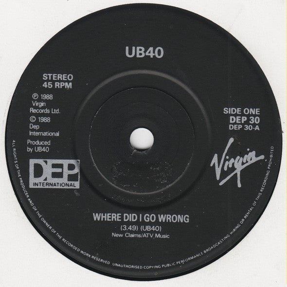 UB40 - Where Did I Go Wrong - Used Vinyl Record 7" image 3