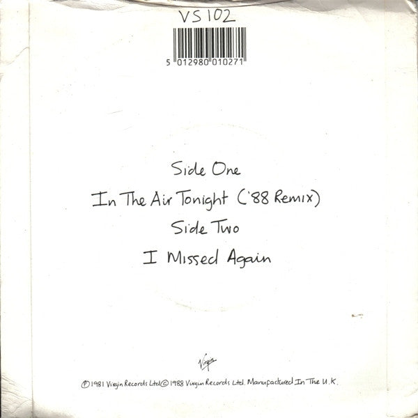 Phil Collins - In The Air Tonight ('88 Remix) - Used Vinyl Record 7" image 2