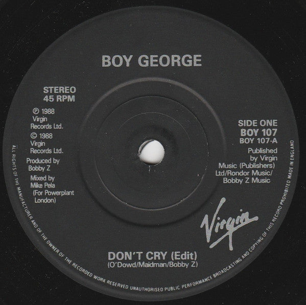 Boy George - Don't Cry - Used Vinyl Record 7" image 3