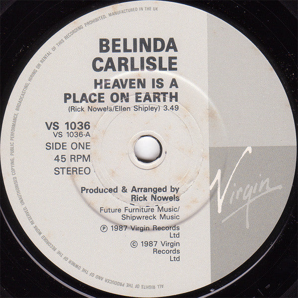 Belinda Carlisle - Heaven Is A Place On Earth - Used Vinyl Record 7" image 7