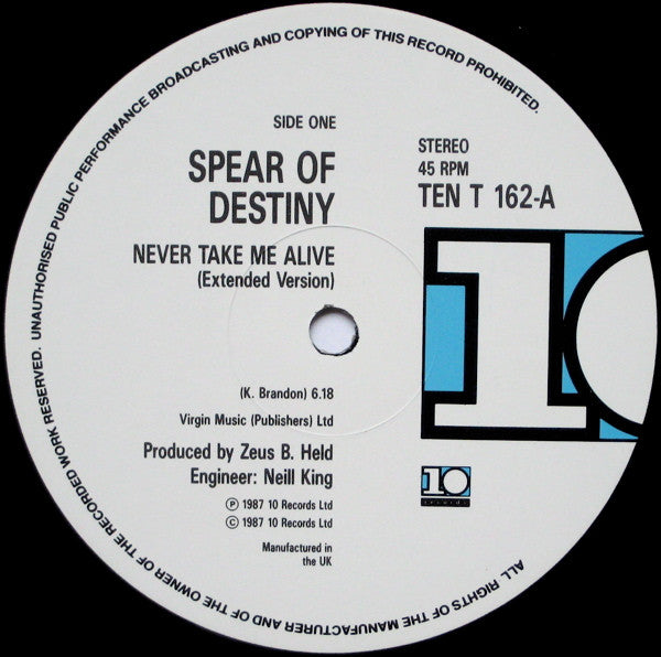 Spear Of Destiny - Never Take Me Alive - Used Vinyl Record 12" image 3
