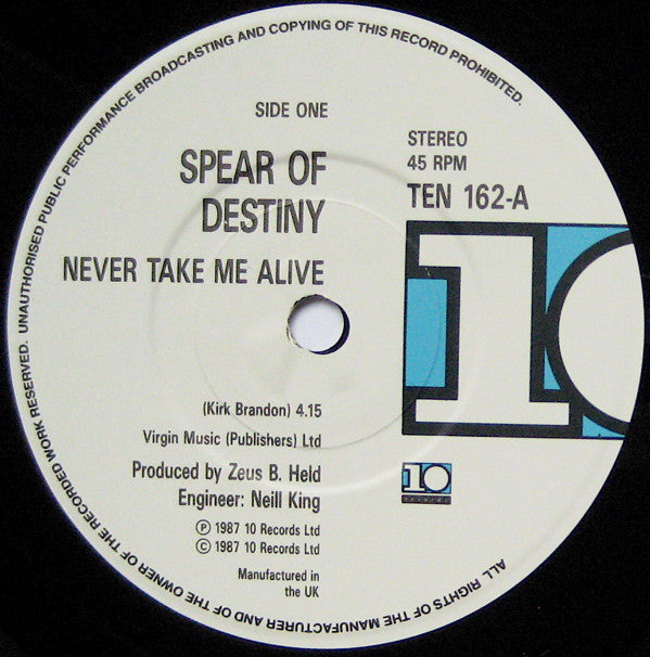 Spear Of Destiny - Never Take Me Alive - Used Vinyl Record 7" image 3