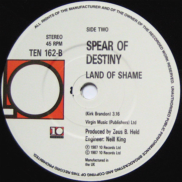 Spear Of Destiny - Never Take Me Alive - Used Vinyl Record 7" image 4
