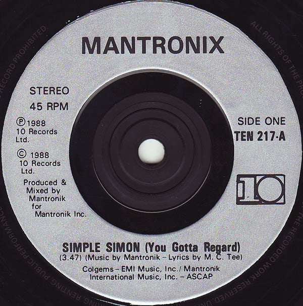 Mantronix - Simple Simon - Used Vinyl Record 7" image 3