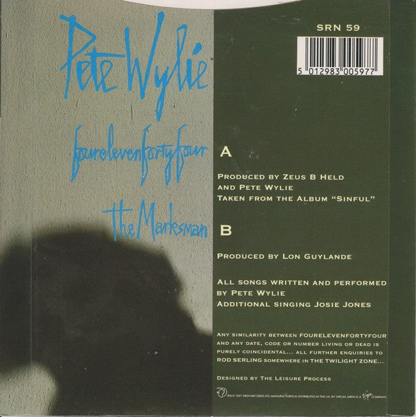 Pete Wylie - Fourelevenfortyfour - Used Vinyl Record 7" image 2