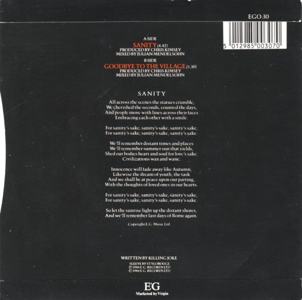 Killing Joke - Sanity - Used Vinyl Record 7" image 2