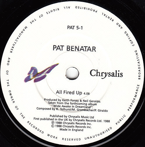 Pat Benatar - All Fired Up - Used Vinyl Record 7" image 3