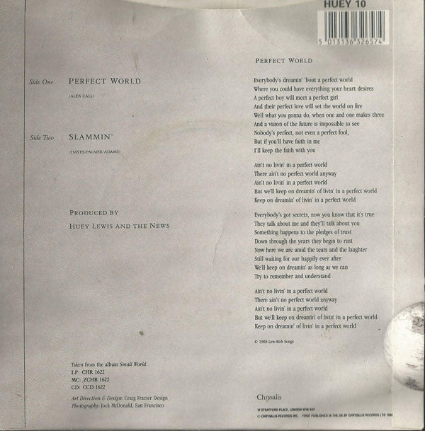 Huey Lewis & The New - Perfect World - Used Vinyl Record 7" image 2