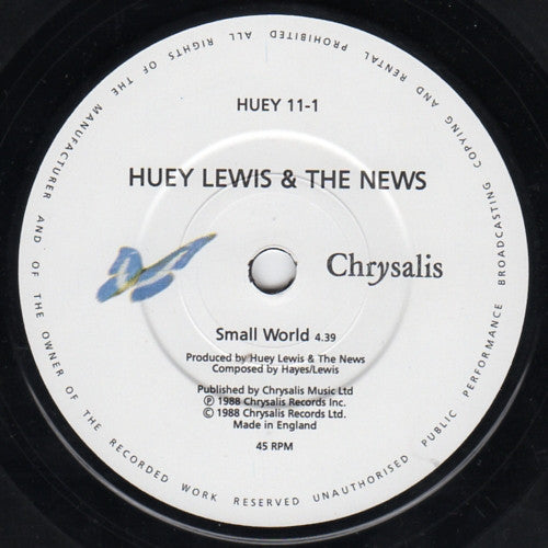 Huey Lewis & The New - Small World - Used Vinyl Record 7" image 3
