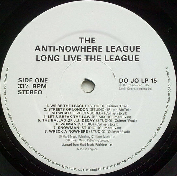 Anti-Nowhere League - Long Live The League - Used Vinyl Record image 3