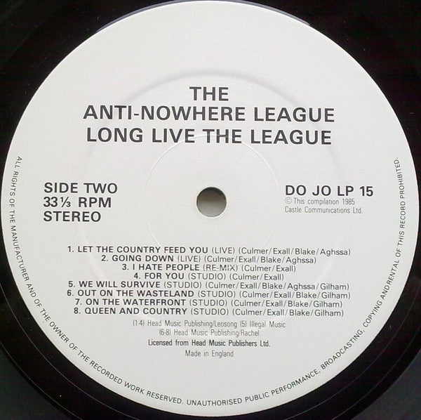 Anti-Nowhere League - Long Live The League - Used Vinyl Record image 4