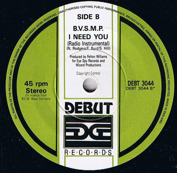 B.V.S.M.P. - I Need You - Used Vinyl Record 7" image 4