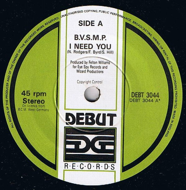 B.V.S.M.P. - I Need You - Used Vinyl Record 7" image 7