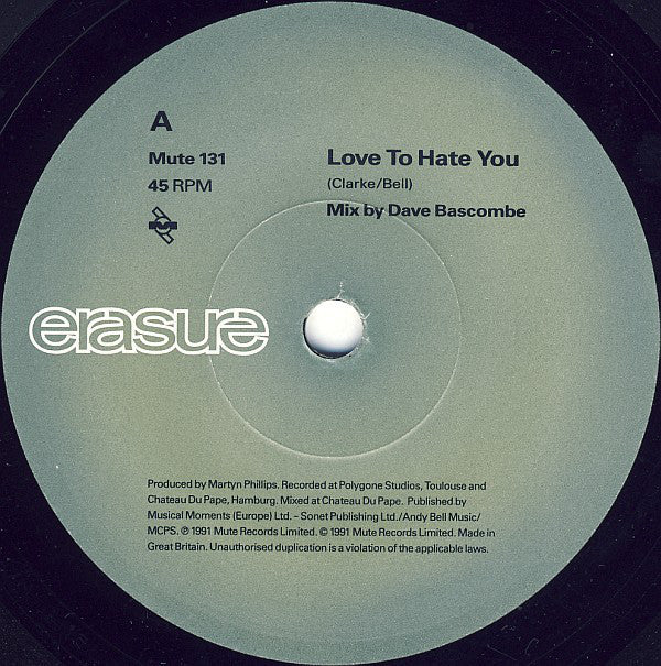 Erasure - Love To Hate You - Used Vinyl Record 7" image 3