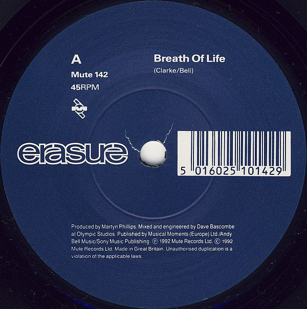 Erasure - Breath Of Life - Used Vinyl Record 7" image 3
