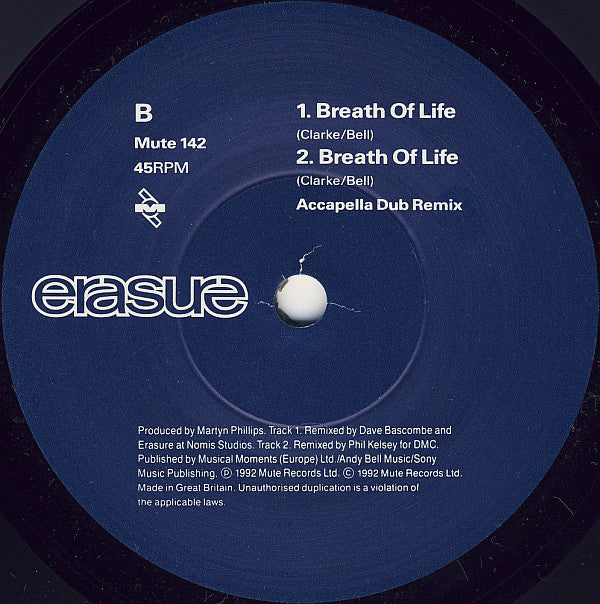 Erasure - Breath Of Life - Used Vinyl Record 7" image 4
