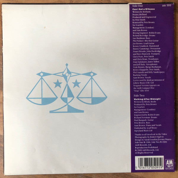 Sam Brown - Can I Get A Witness? - Used Vinyl Record 7" image 2