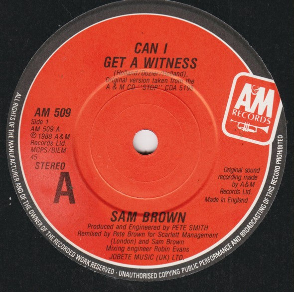 Sam Brown - Can I Get A Witness? - Used Vinyl Record 7" image 3