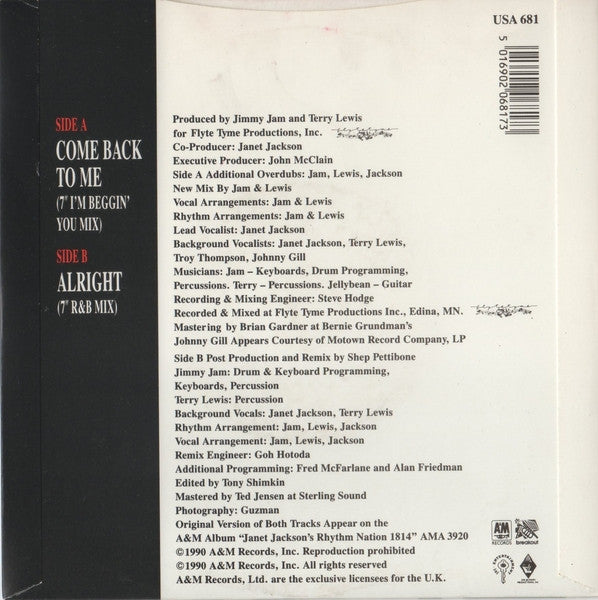 Janet Jackson - Come Back To Me - Used Vinyl Record 7" image 2