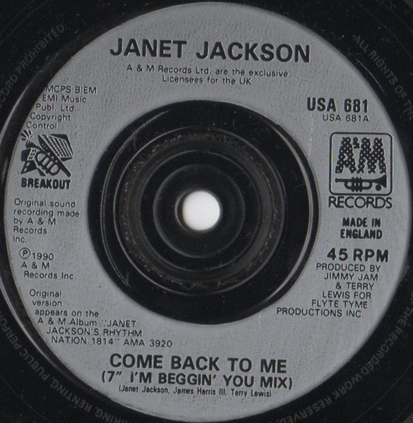 Janet Jackson - Come Back To Me - Used Vinyl Record 7" image 3