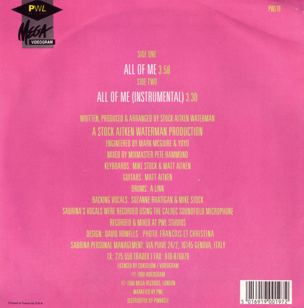 Sabrina - All Of Me - Used Vinyl Record 7" image 2