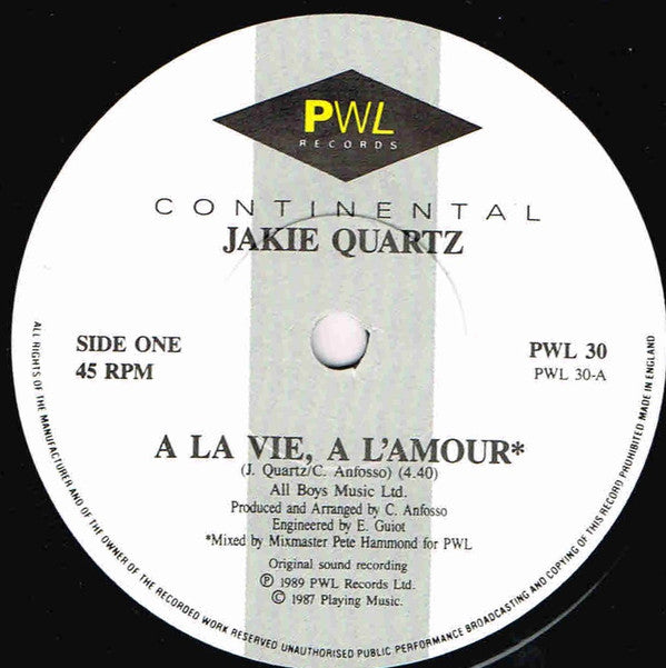 Jakie Quartz - A La Vie, A L'Amour - Used Vinyl Record 7" image 3