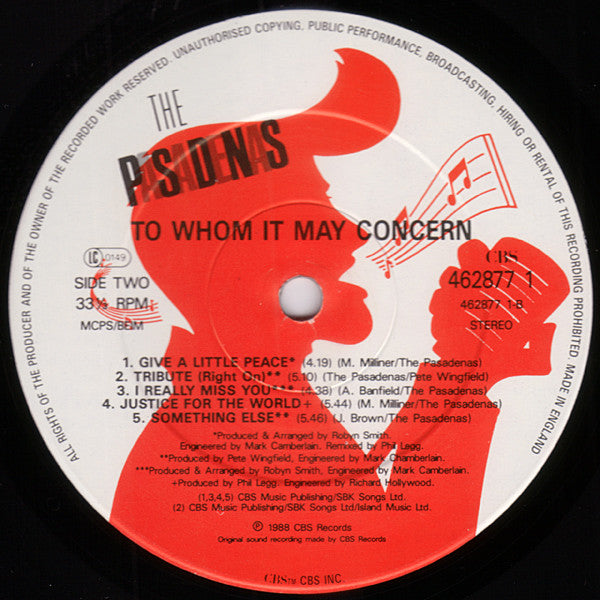 Pasadenas - To Whom It May Concern - Used Vinyl Record image 3