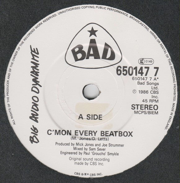 Big Audio Dynamite - C'mon Every Beatbox - Used Vinyl Record 7" image 3