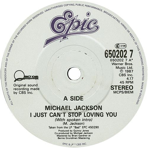 Michael Jackson - I Just Can't Stop Loving You - Used Vinyl Record 7" image 3