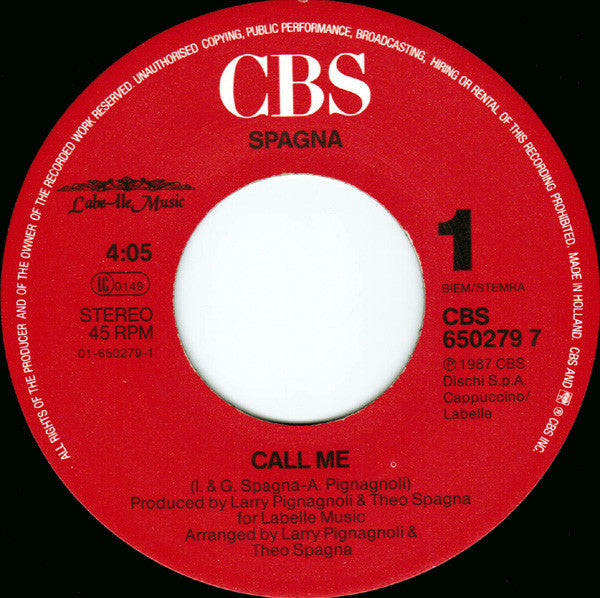 Ivana Spagna - Call Me - Used Vinyl Record 7" image 3